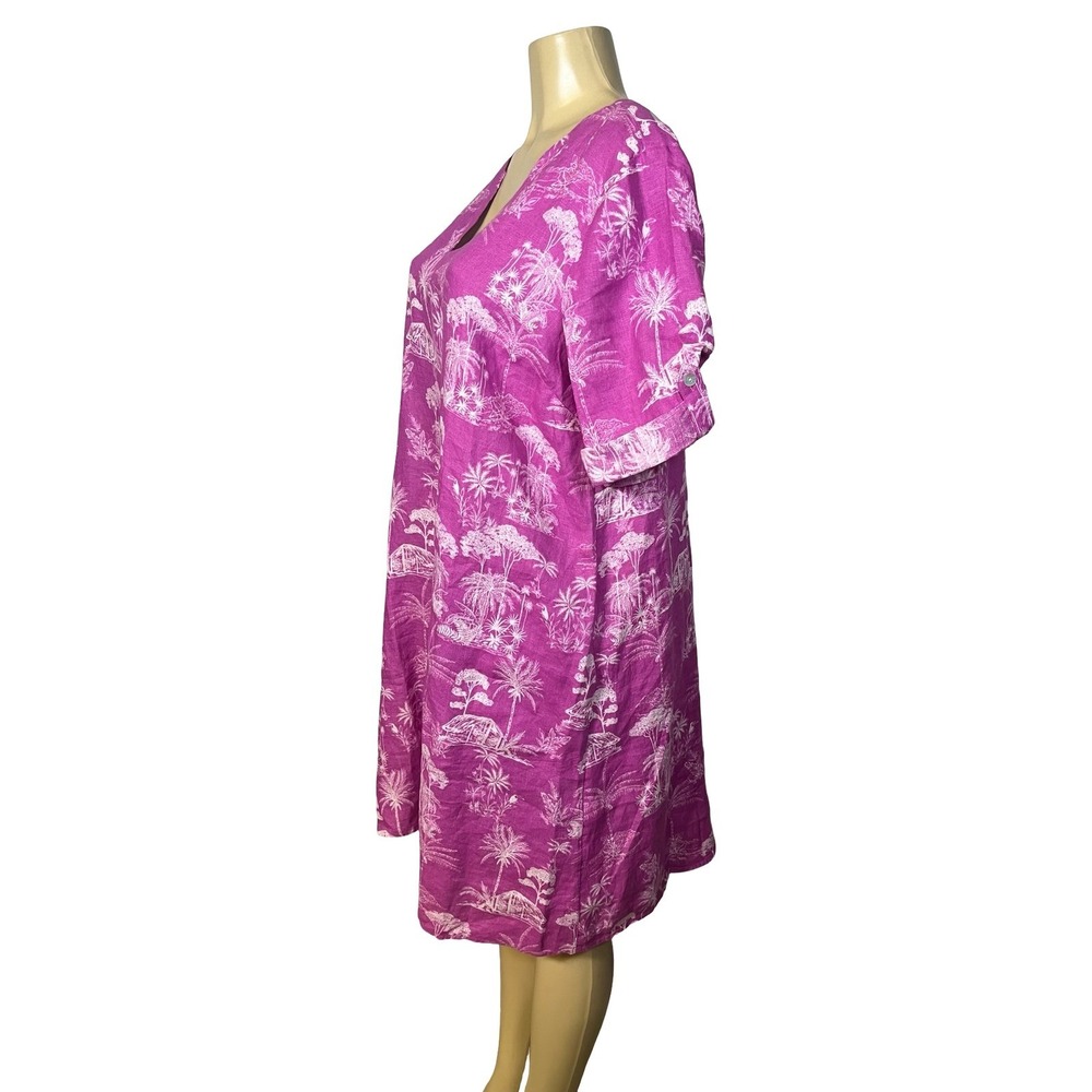 J. Jill Love Linen Tropical Palm Tree Shift Dress Pink White Size L